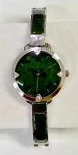 HSN Jade of Yesteryear Silver Tone Nephrite Jade Round Bangle Adjustable Watch