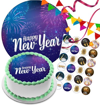 Neujahr Tortenaufleger Party Deko essbar Cupcake Feier Happy Prosecco
