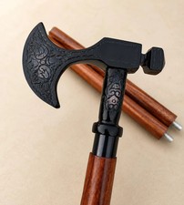 Antique Axe Handle Walking Stick Black Wooden Folding Viking Cane Gift