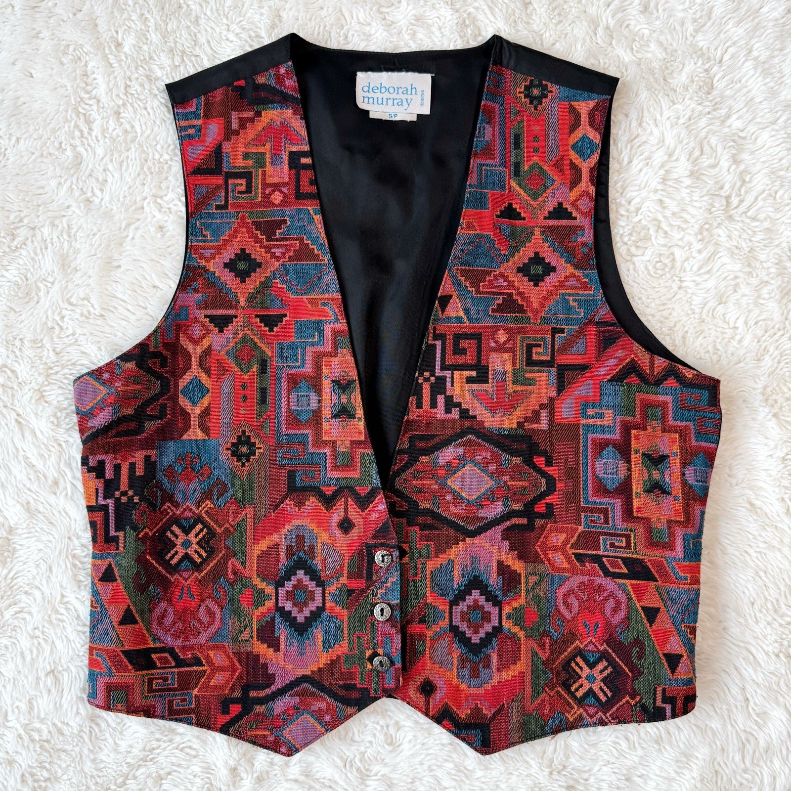 VTG Deborah Murray Women Colorful Geometric Aztec Pattern Tapestry Vest SMALL