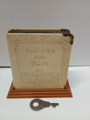 Antique Zell Prods CO NY Savings For Baby Still Bank ABC Blocks. original Key