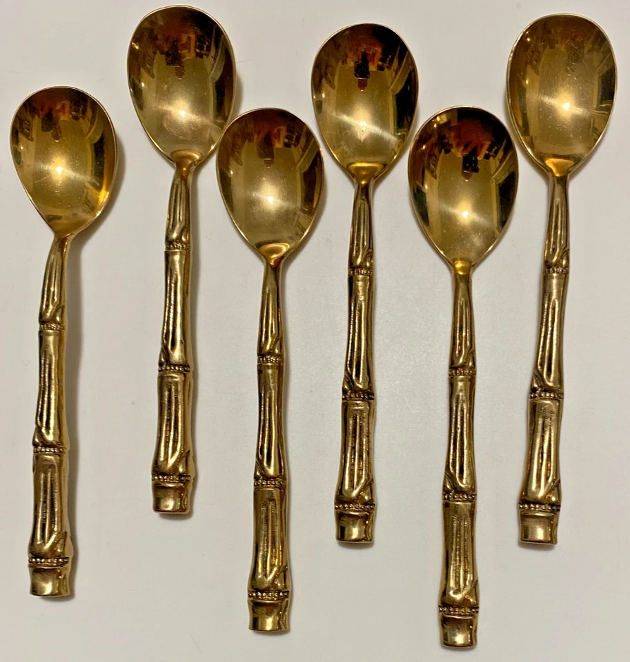 Set da dessert, 6 cucchiaini e 6 forchettine Siamesi in ottone, Design Bamboo - Immagine 4 di 4