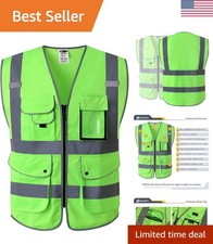 9 Pockets Class 2 High Visibility Zipper Front Safety Vest With Reflective St...