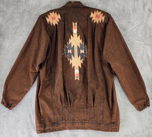 Sundance Denim Jacket Womens Medium Brown Aztec Southwestern Open Front USA - Picture 2 of 10