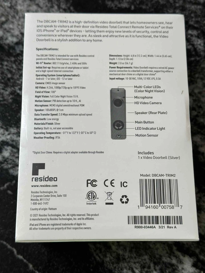 NUEVO SELLADO Resideo Honeywell DBCAM - TRIM2 Video Timbre Wi-Fi (PLATEADO) Foto 2 de 3