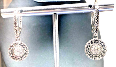 JAI  Sterling Silver Pave Diamond Lever Back Earrings, 1-1/4''