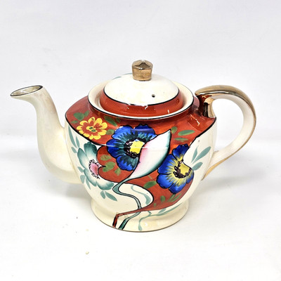 Gold Castle Tea Pot Chikusa Japan Red Yellow Blue Green White Floral Vintage