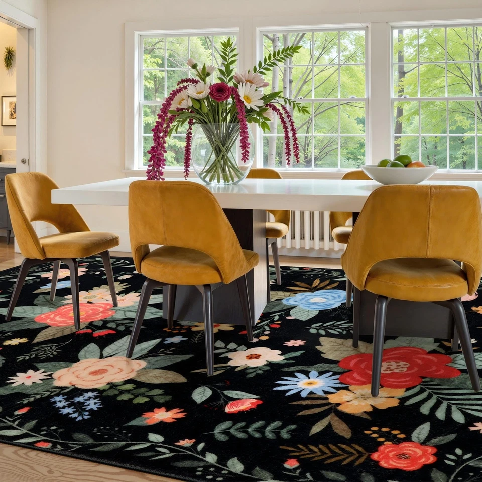 Alfombra floral negra 8x10 para habitación de niños, alfombras de flores silvestres para decoración de habitaciones estética... Foto 4 de 4