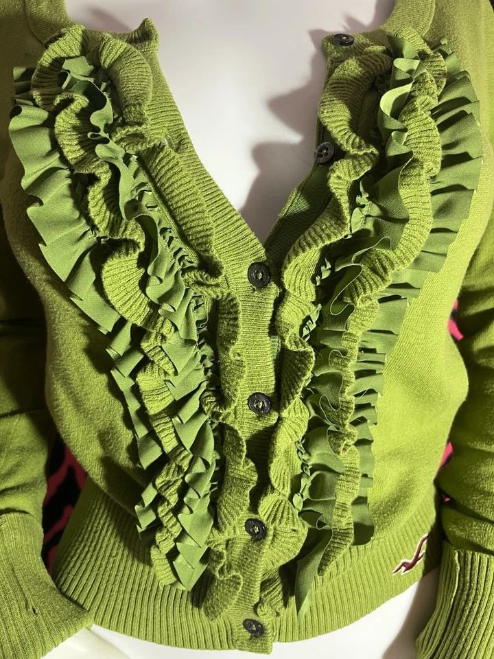Hollister VTG Sweater Apple Green Knitted Ruffle Front Womens Size Small - Image 3 of 4