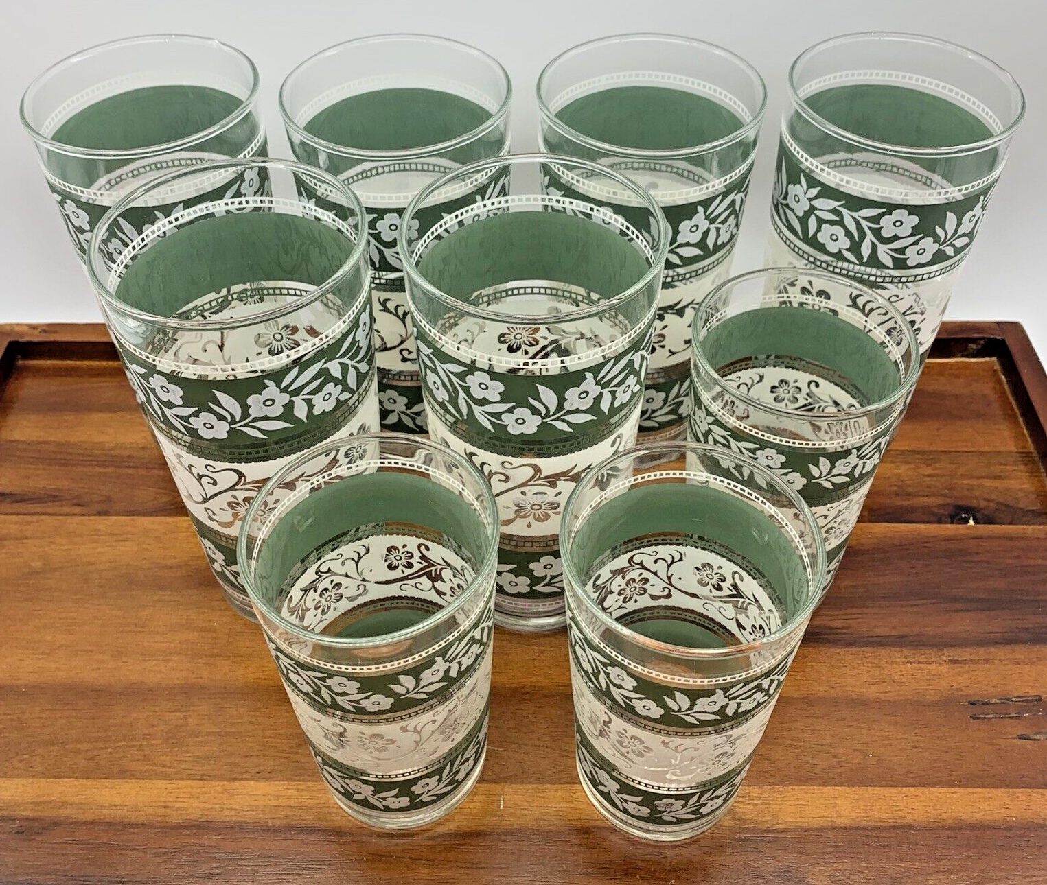 Vintage Libbey Floral Green White Water Juice Glasses Set of 9 Retro MCM