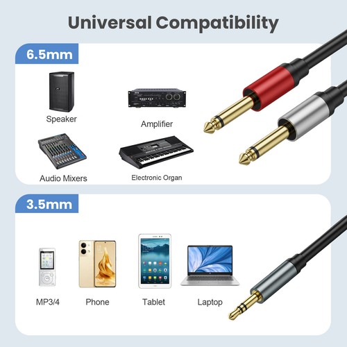 3.5mm Stereo Male to Dual 2 6.35mm Mono Male Y Cable Splitter Cord Extender Plug - Picture 3 of 5