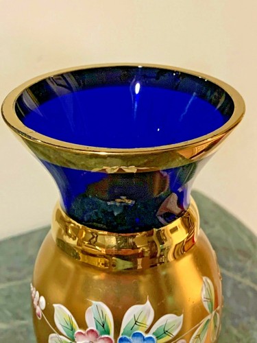 Bohemian Czech Cobalt Blue Crystal Vase With 24k Gold, High Enamel flowers - Picture 7 of 10