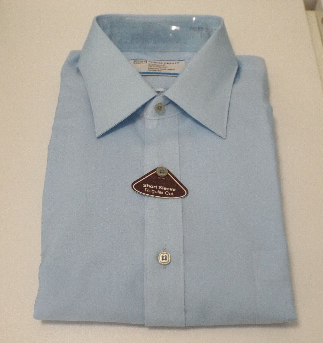 sears short sleeve dress shirts Vintage Sears Shirt Mens 16.5 White Short Sleeve Perma-Prest Button Dress 70s