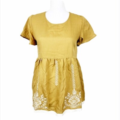 Ashley Lemieux Blouse Women XS Extra Small Yellow Peplum Embroidered 
