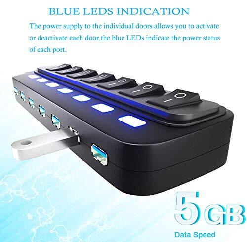 7-Port USB 3.0 Hub with Individual LED On/Off Switches for Multiple Devices
