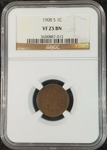 1908 S Indian Head Cent NGC VF25 BN 3600887-012 Exquisite Coin Rare
