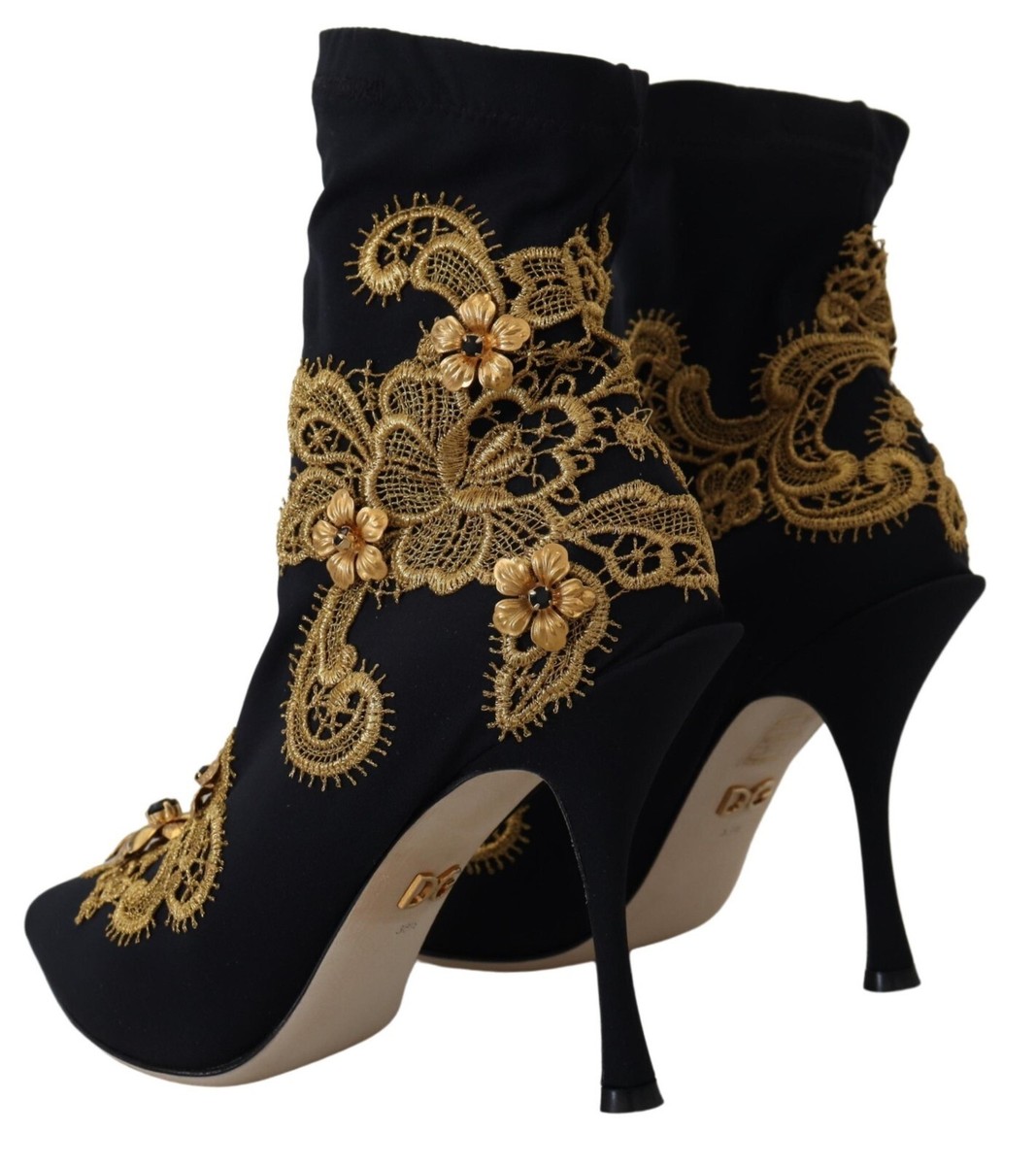 ドルチェアンドガッバーナ　黒ビジューハイヒール　サイズ38 ヒール高11cm DOLCE & GABBANA Shoes Black Gold Embroidery Slip On Boots