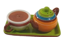 Cracker Barrel Salt & Pepper Shakers TEA Set teapot cup tray no box  colorful