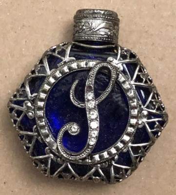 Vintage Tschechisch? BLAUES GLAS Silber Metall Edelstein Schmuck S Initiale kleiner PARFUMFLAKON