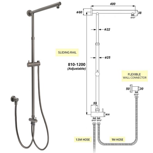 WELS Gun Metal Kitchen Basin Mixer Tap Spout Shower Head Set Rail Wall Arm Drain - Picture 137 of 240