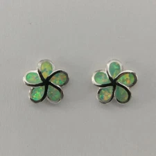 Green Flower Floral - FIRE OPAL Stud / Post Earrings - 925 STERLING SILVER #678e