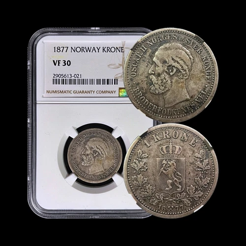 NORWAY. 1877, 1 Krone, Silver - NGC VF30 - Oscar II, Crowned Arms, Lion
