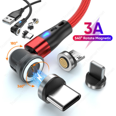 3Pack 540° Rotate Magnetic Phone Micro USB/Type C/IOS Cable 3A Fast Charger Cord