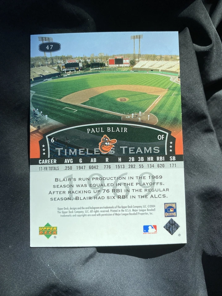 2004 UD Legends Timeless Teams Baltimore Orioles Baseball Card #47 Paul Blair 69 - Image 2 of 2