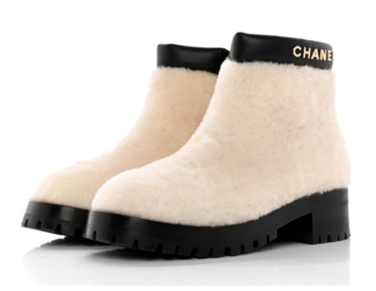 NEW Chanel Shearling Lambskin Ivory Metal Logo Ankle Winter Zip