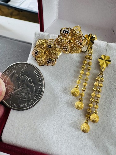 NEW 21K 875 Real Gold Flower Earring & 22K Beads Balls Earring 6.3g Set of Two - Picture 9 of 20