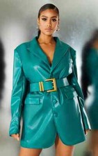 Pretty Little Thing Green Faux Leather Shoulder Pad Belt Blazer Dress Size S NWT