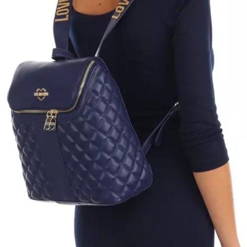LOVE MOSCHINO navy blue quilted backpack with gold accents