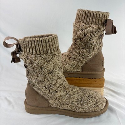 UGG Isla Knit Boots Womens 6 Tan Cable Knit Bow Winter Cozy Oatmeal