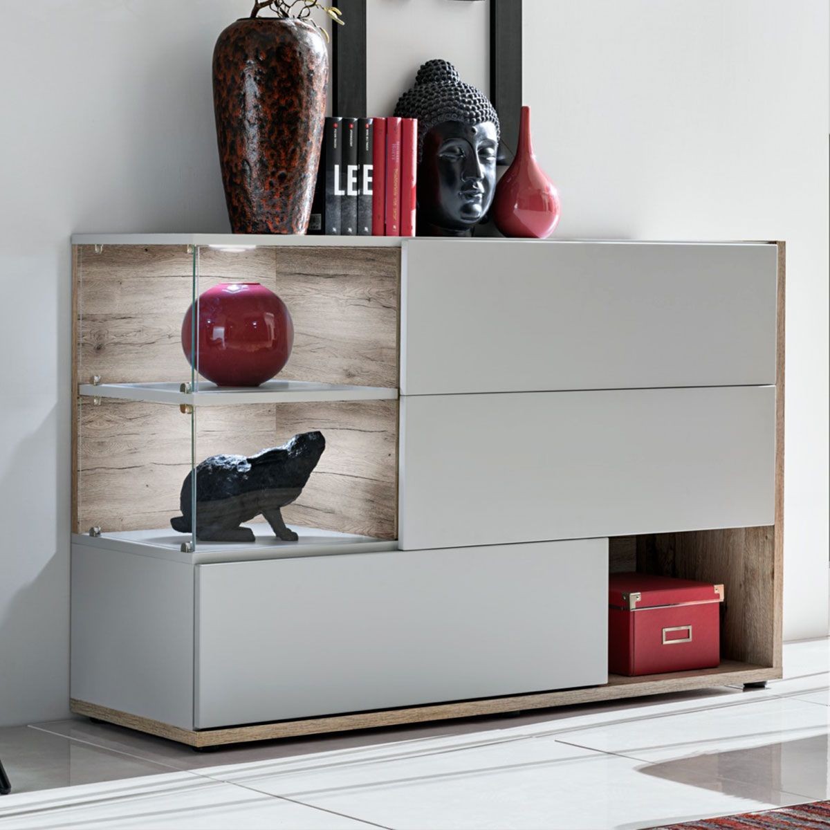 Buffet 3 portes Silk 120cm gris clair et naturel pour salon