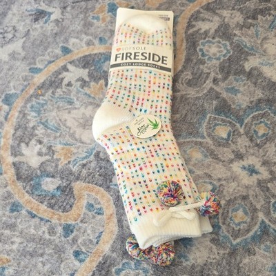 Sof Sole Fireside Cozy Lodge Women's Crew Socks White Multicolor Pom Pom 5-10