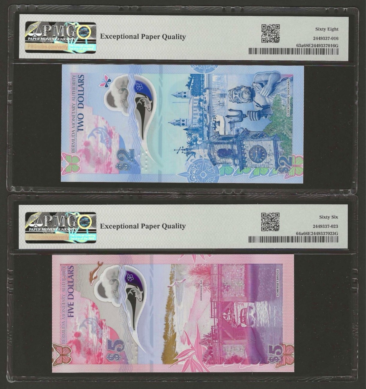 BERMUDA $2 & $5 Dollars 2024, MATCH S/N, P-63a & 64a, PMG 66 & 67 EPQ Gem UNC #2