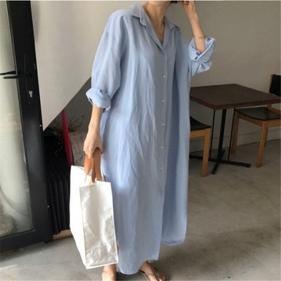 Damen Revers Hemd Langärmliges Kleid Maxi Kleid Knopf Locker