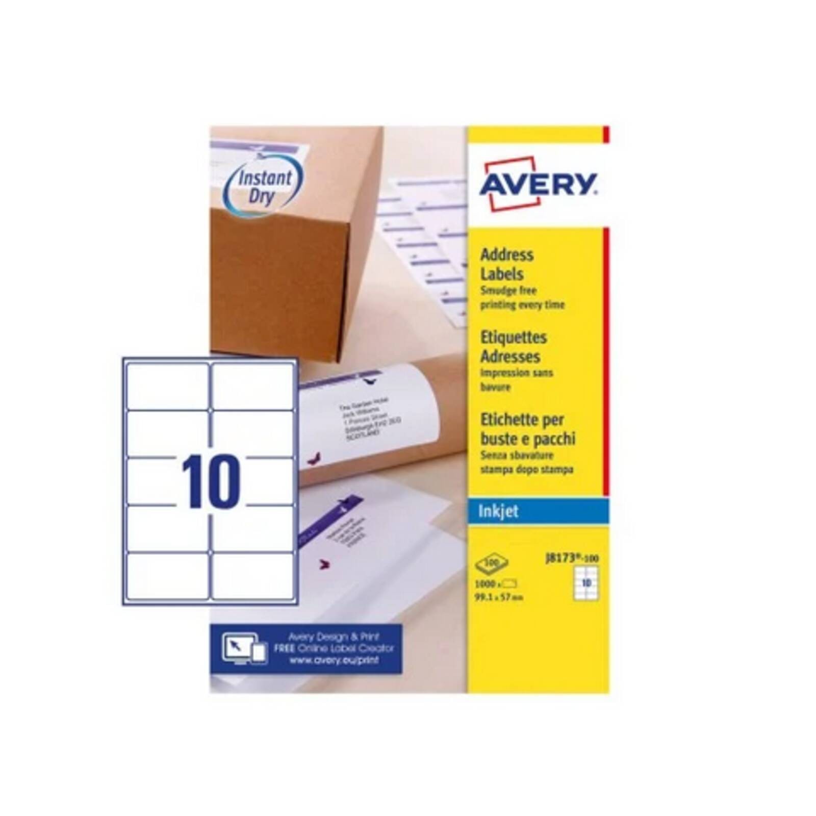 Avery Inkjet Address Label 99x57mm 10 Per A4 Sheet White (Pack 1000 Labels) J817
