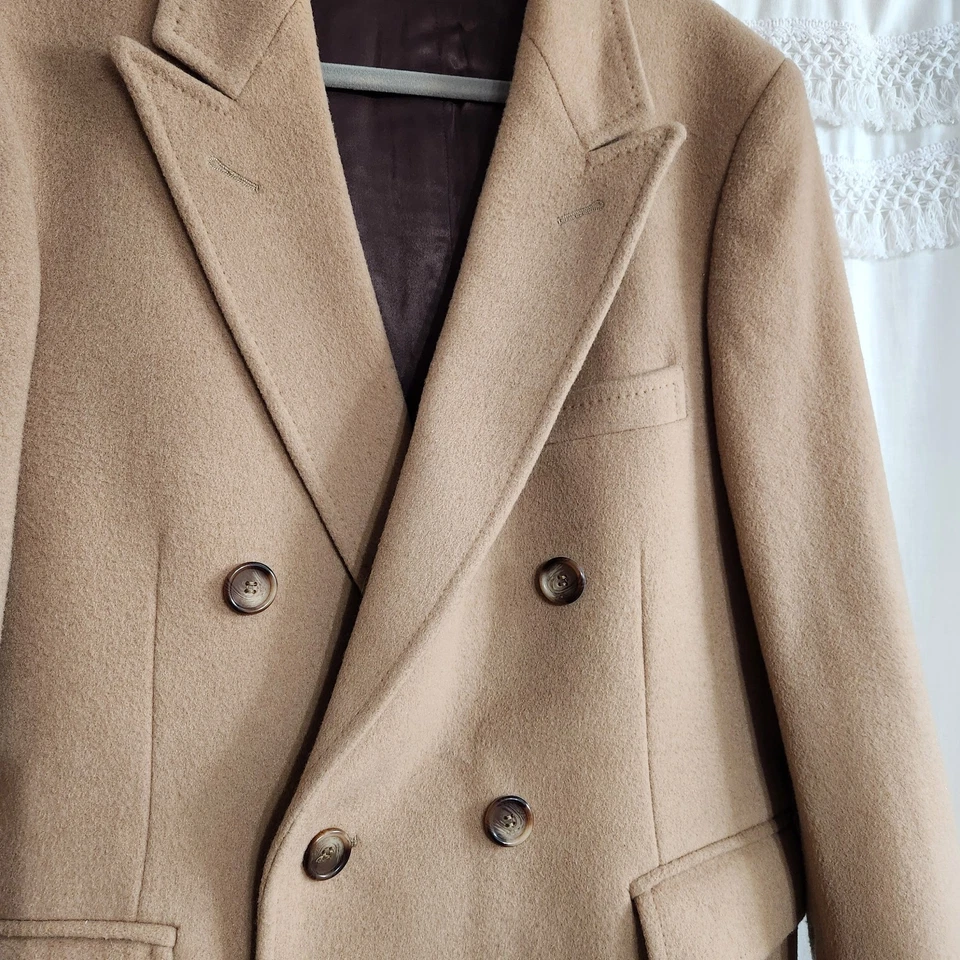Italian Wool Cashmere Blend Quiet Luxury Camel Overcoat Long Dble Breasted Large - Image 4 of 4