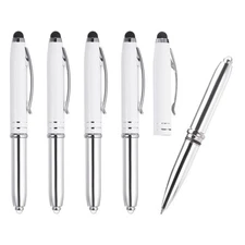 5 x Ballpoint Pen with Stylus Tip and LED Flashlight Metal Pen White