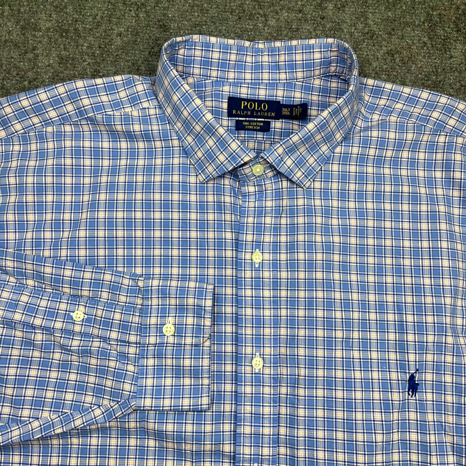Polo Ralph Lauren Mens 3XLT Blue Yellow Plaid Cotton Stretch Button Down Shirt