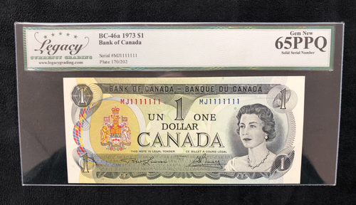1973 BANK OF CANADA $1 BANKNOTE SOLID SERIAL NUMBER MJ1111111 LEGACY ...