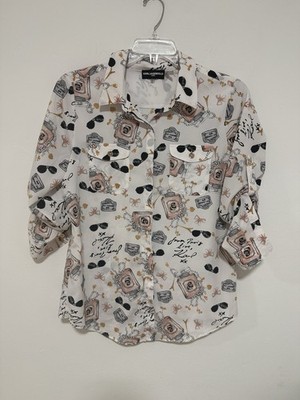 Karl Lagerfeld Paris M Sheer Blouse Perfume Print Button Front Chic