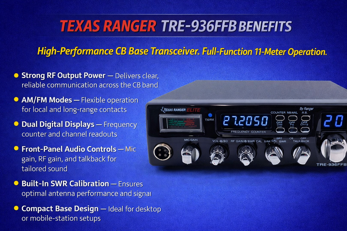Texas Ranger TRE‑936FFB CB Radio 40 Channel AM Black Face w