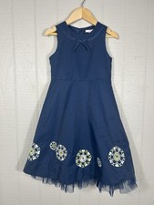 Janie and Jack Girls 6 Navy Blue Embroidered Bow Dress Tulle Hem Sleeveless