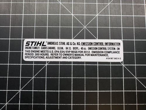 Stihl Emissions Label Stihl Label # 4134 967 3403 A S, # 41349673403AS - Picture 2 of 2