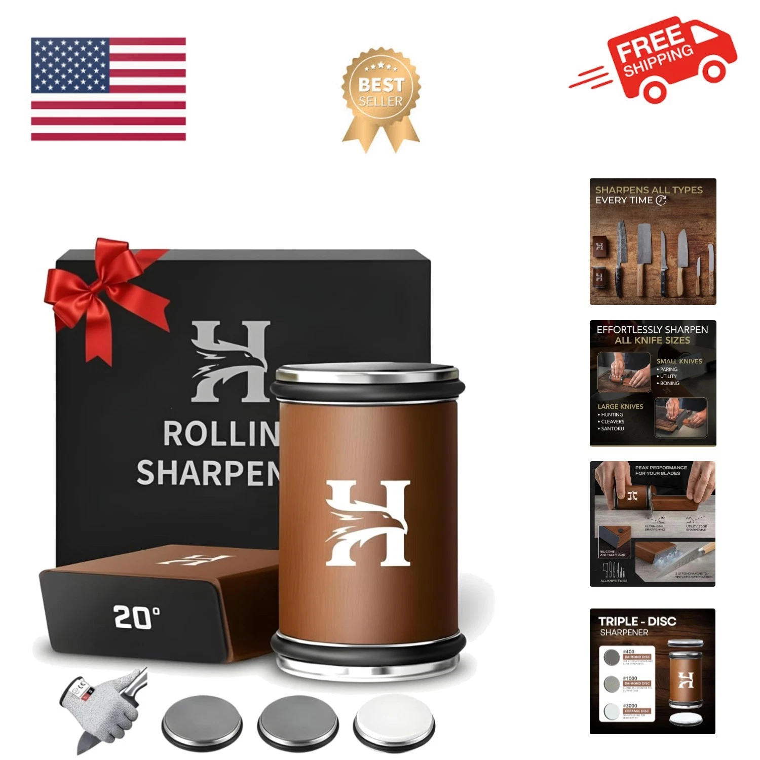 Rolling Knife Sharpener Kit – 3-Stage 400/1000/3000 Grit Discs – 15° & 20° Ma...