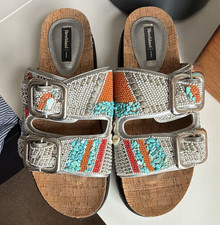 River Island Women’s UK 7 Silver Striped Beaded Buckle Slip-On Flat Sandals