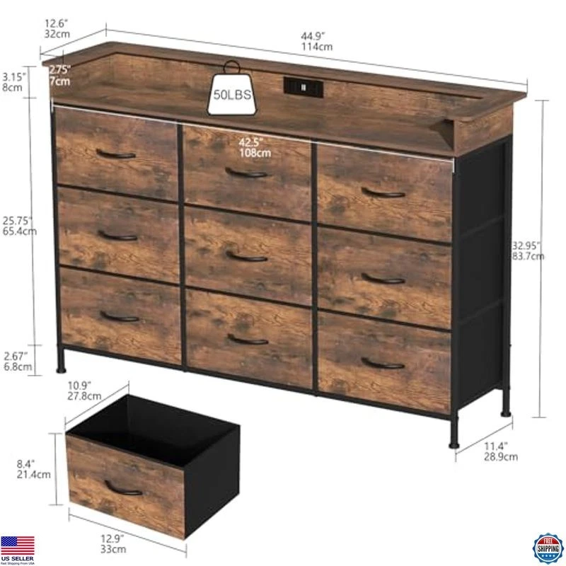 Cómoda Industrial con Estación de Carga y Luz LED, 9 Cajones de Tela, Resistente Foto 2 de 4