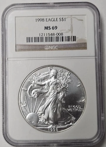 1998 American Silver Eagle 1 oz .999 Fine Silver Coin NGC MS 69
